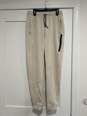 Old Navy Men's Beige Drawstring Joggers with Black Zip Accent